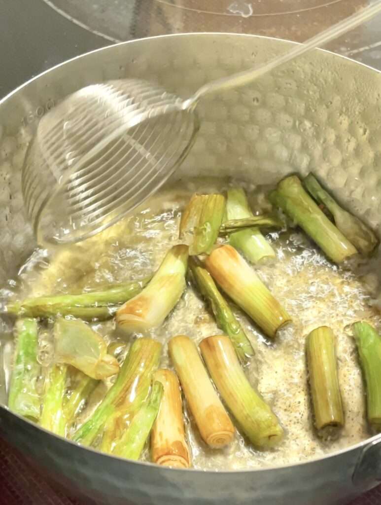 Frying the scallion whites