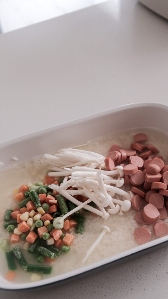 veggies and protein in oven dish