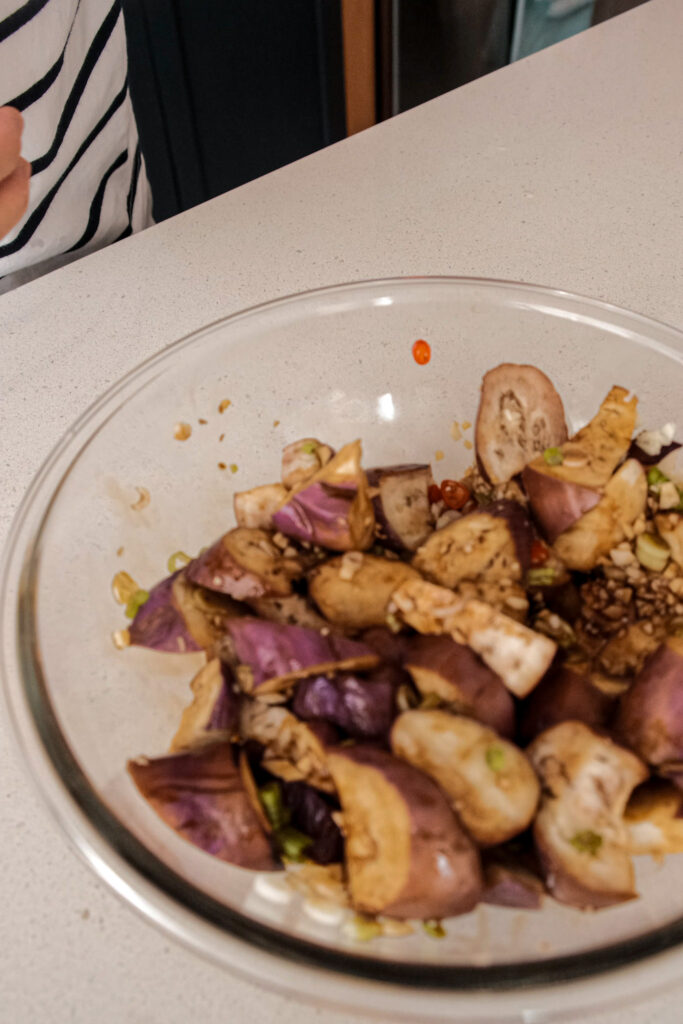 mixed eggplant ready to be cooked again.