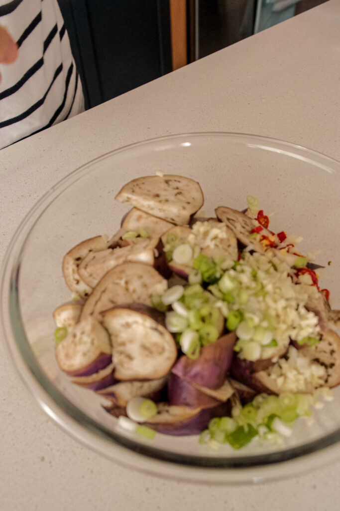 Cooked eggplant with scallion, Thai chili, garlic