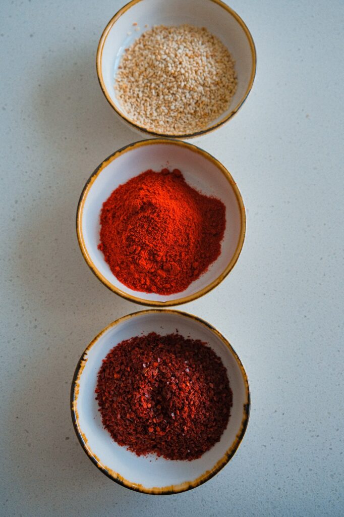 Chili flakes and sesame seeds