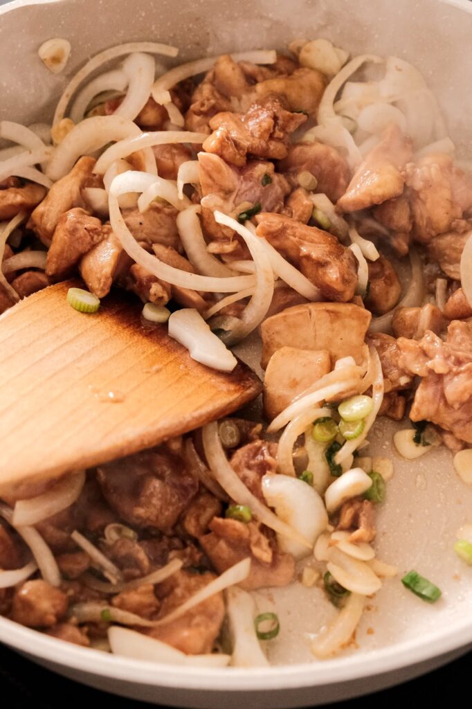 Stir fried chicken with onions and scallion
