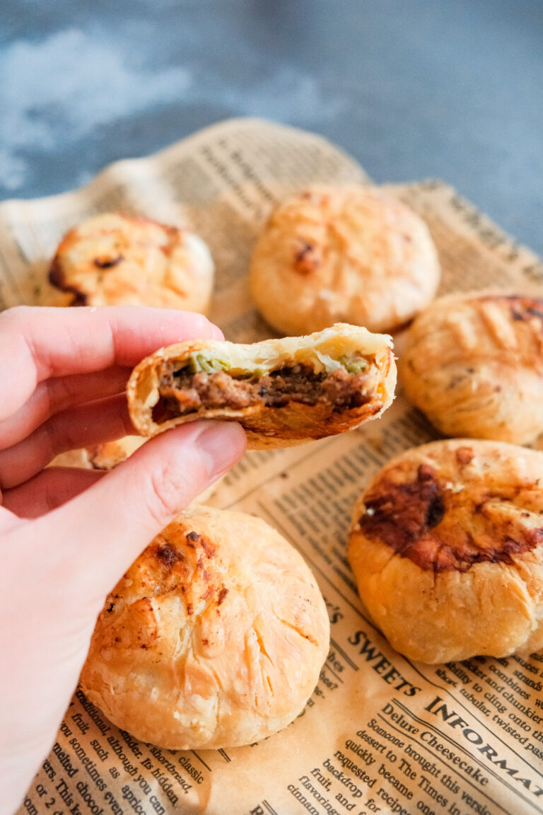Crispy beef pie in half