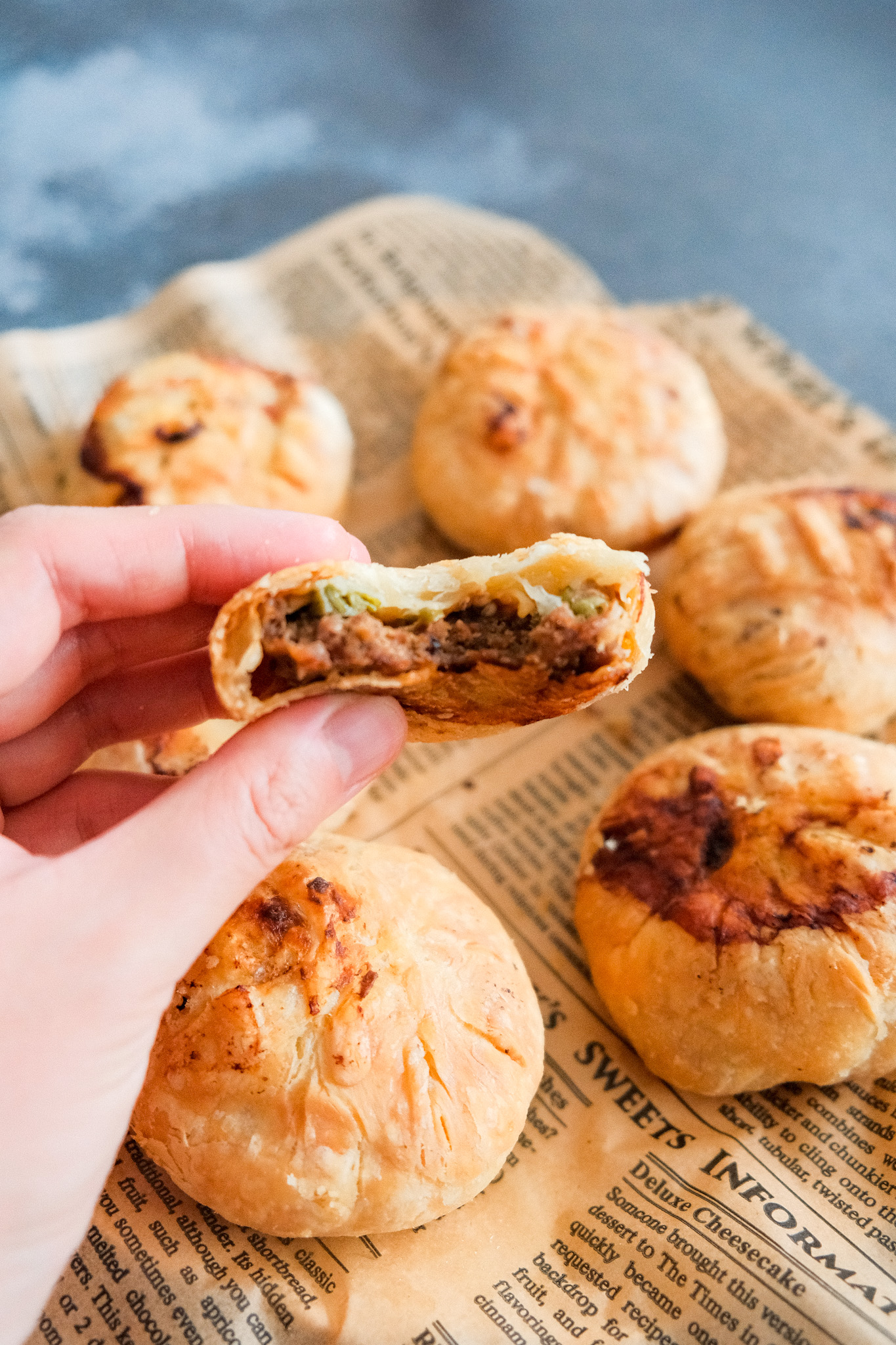 Crispy beef pie in half