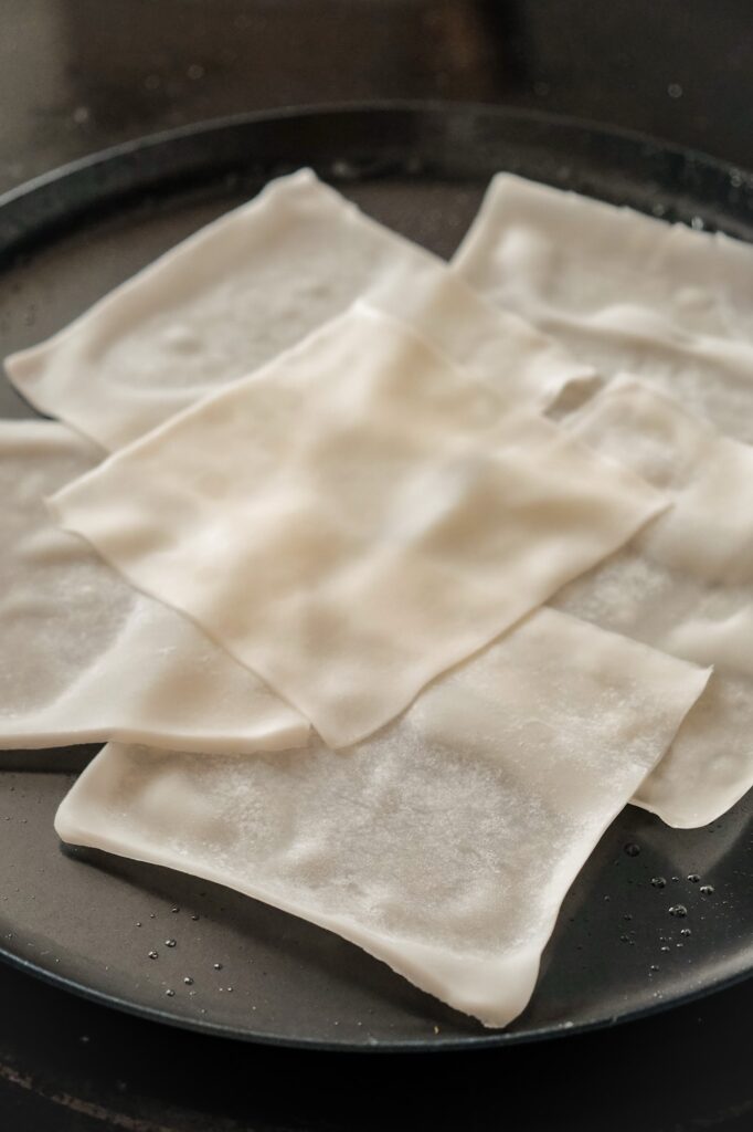 Wonton wrappers in pan